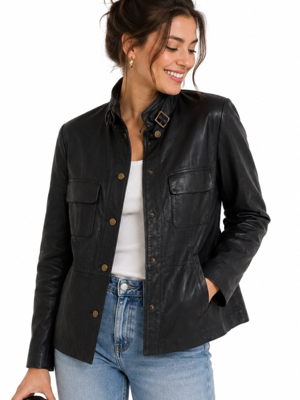 Ellen Tracy Leather Jacket Womens Size 12 Black Suede Snap Closure High Collar